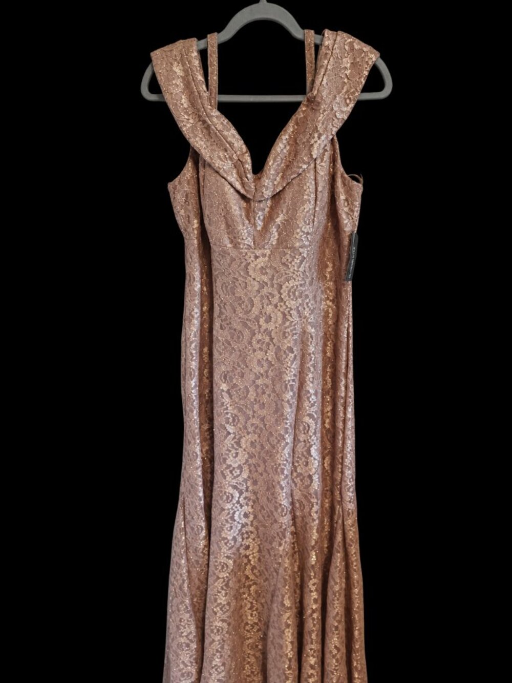 R&M Richards Champagne Lace Off Shoulder Fishtail Evening Gown Size 12 NWT